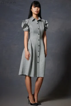 Houndstooth Shirt Waist Dress With Rhinestone