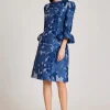 Jacquard Floral 3/4 Sleeve Flounce Cuff Dress