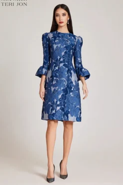 Jacquard Floral 3/4 Sleeve Flounce Cuff Dress