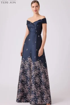 Jacquard Floral Border Cuff Bodice Gown