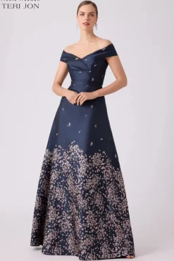 Jacquard Floral Border Cuff Bodice Gown