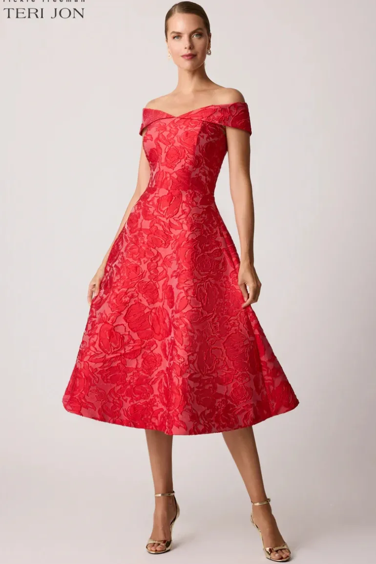 Jacquard Floral Off Shoulder Fit N Flare Dress