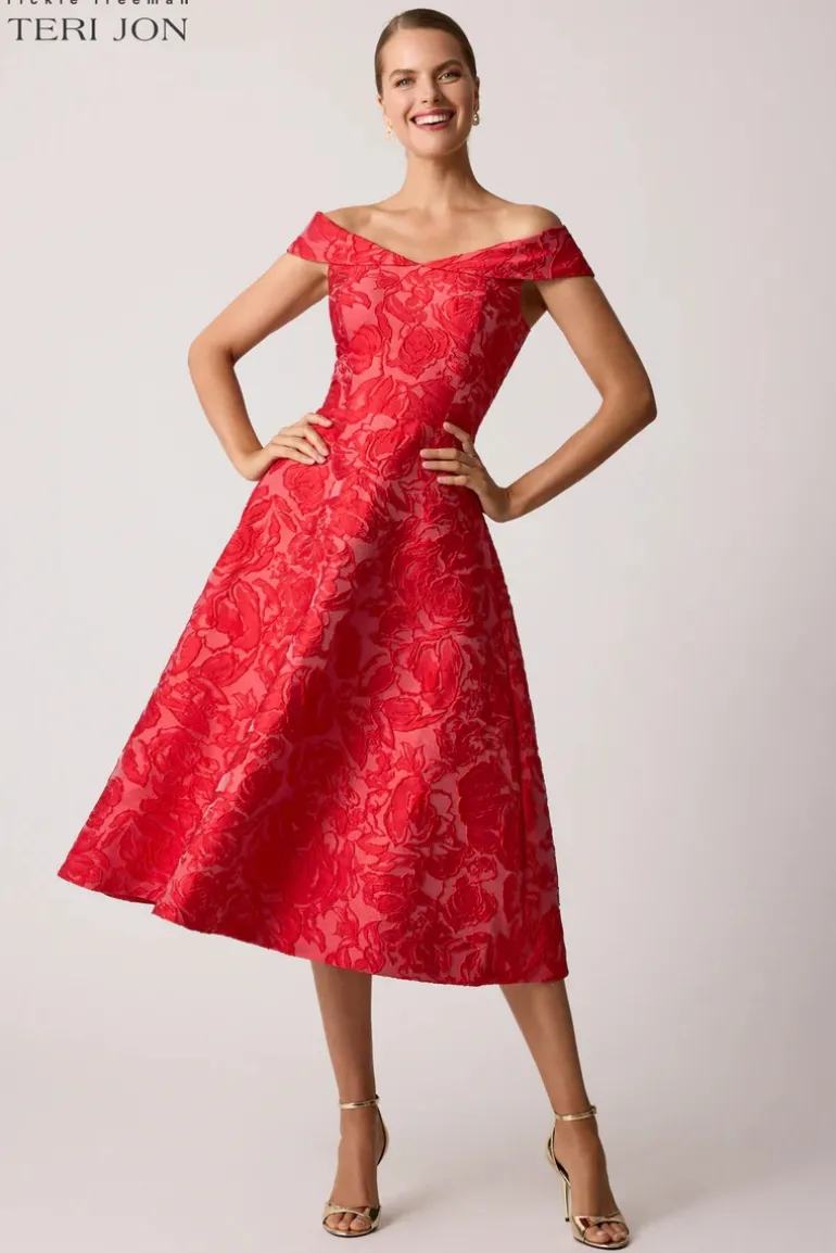 Jacquard Floral Off Shoulder Fit N Flare Dress