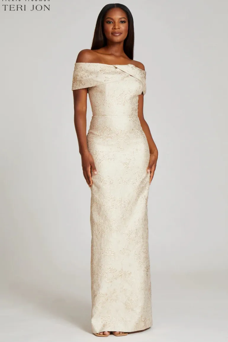 Jacquard Off The Shoulder Portrait Column Gown