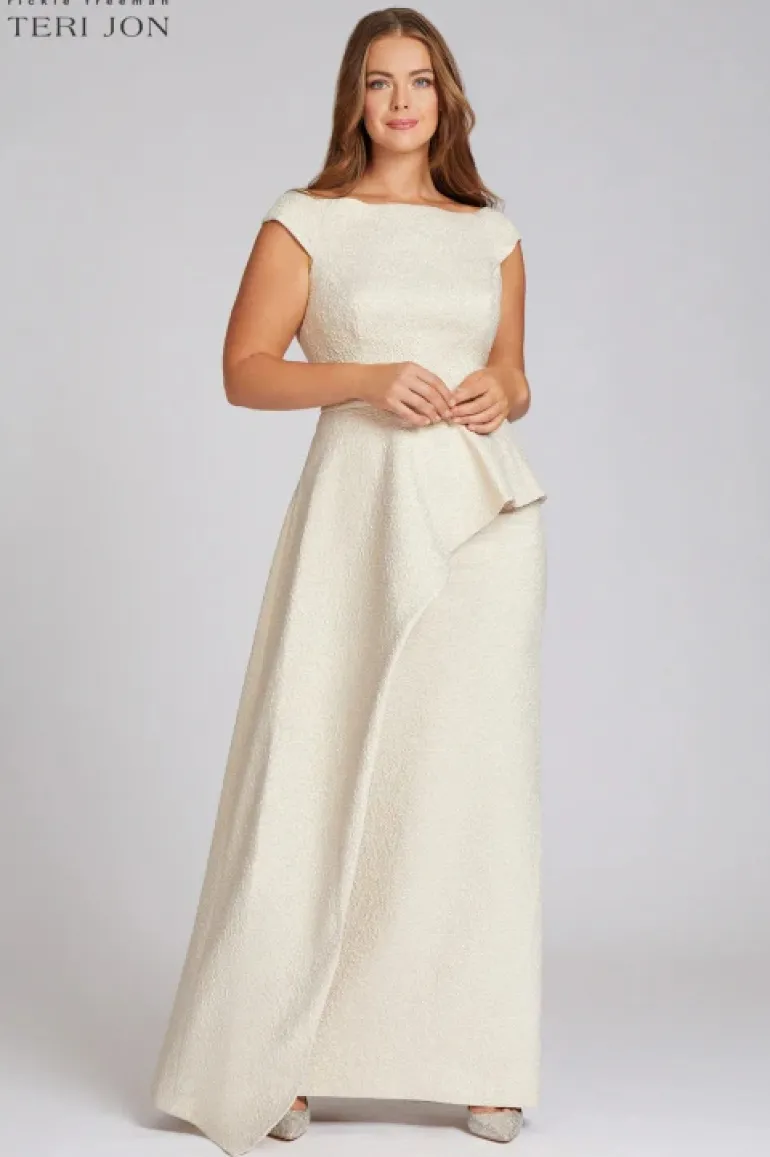 Jacquard Off The Shoulder Side Drape Overlay Gown