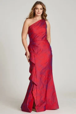 Jacquard One Shoulder Ruched Side Peplum Print Gown