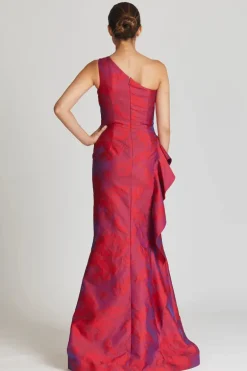Jacquard One Shoulder Ruched Side Peplum Print Gown