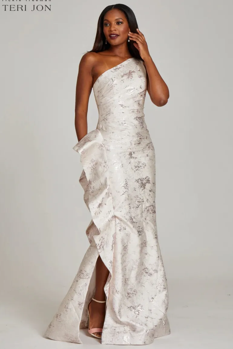 Jacquard One Shoulder Side Ruffle Gown