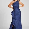 Jacquard One Shoulder Side Ruffle Gown