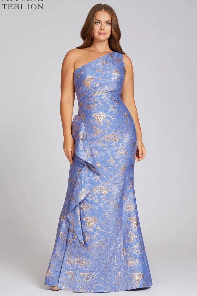 Jacquard One Shoulder Side Ruffle Gown