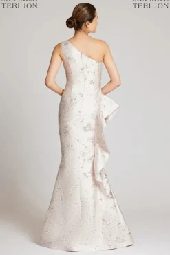 Jacquard One Shoulder Side Ruffle Gown