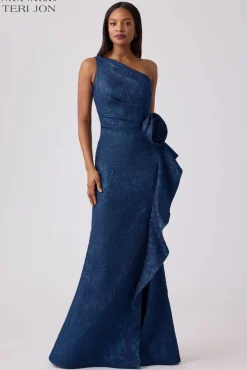 Jacquard Side Ruffle Gown with 3D Drape