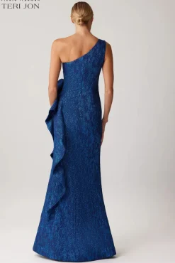 Jacquard Side Ruffle Gown with 3D Drape