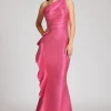 Jacquard Side Ruffle One Shoulder Gown