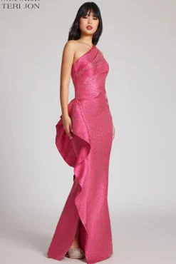 Jacquard Side Ruffle One Shoulder Gown