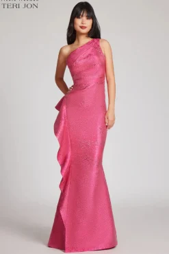 Jacquard Side Ruffle One Shoulder Gown