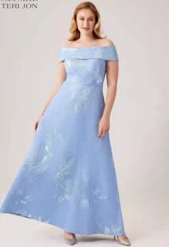 Large Floral Pattern Jacquard Off the Shoulder Gown