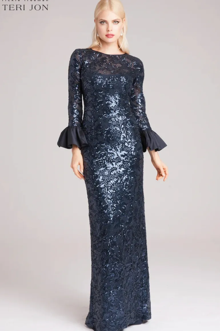 Long Bell Sleeve Sequin Sheath Gown