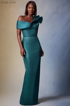 Metallic Jacquard Asymmetrical Ruffle Gown