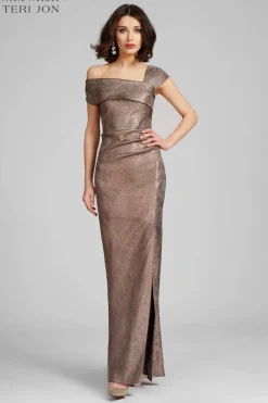Metallic Jacquard Asymmetrical Shoulder Gown