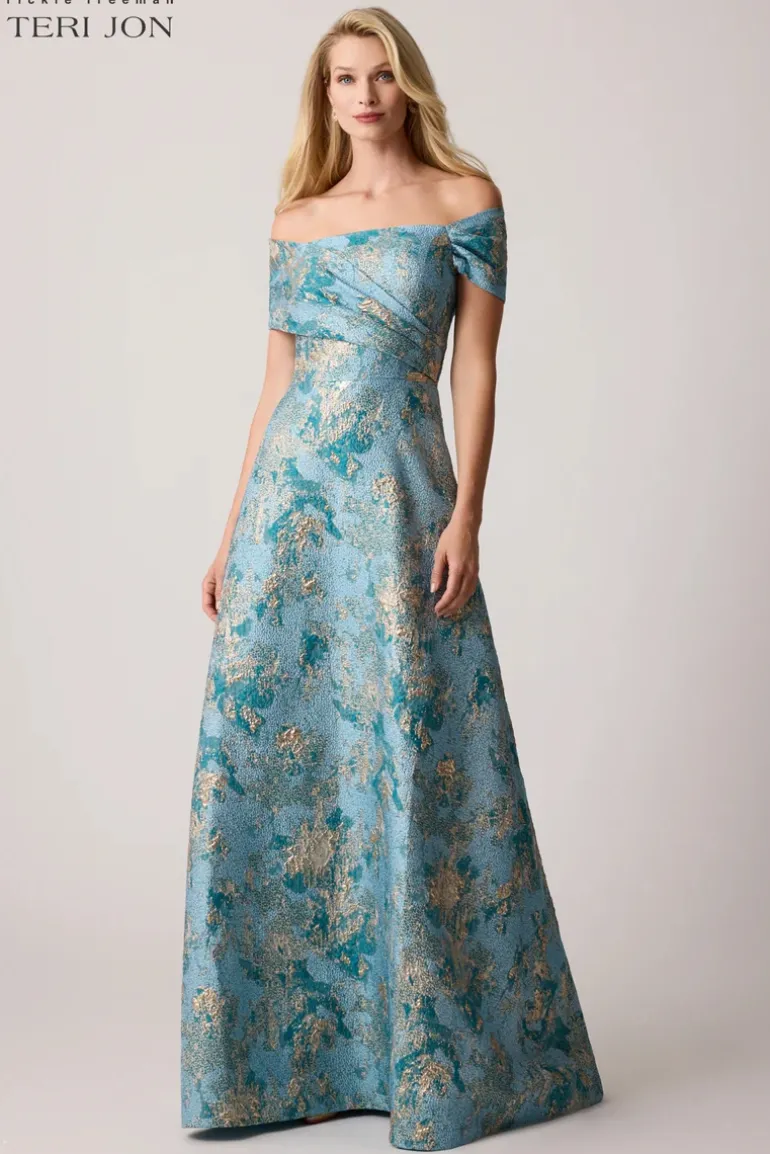 Metallic Jacquard Asymmetrical Off Shoulder Gown
