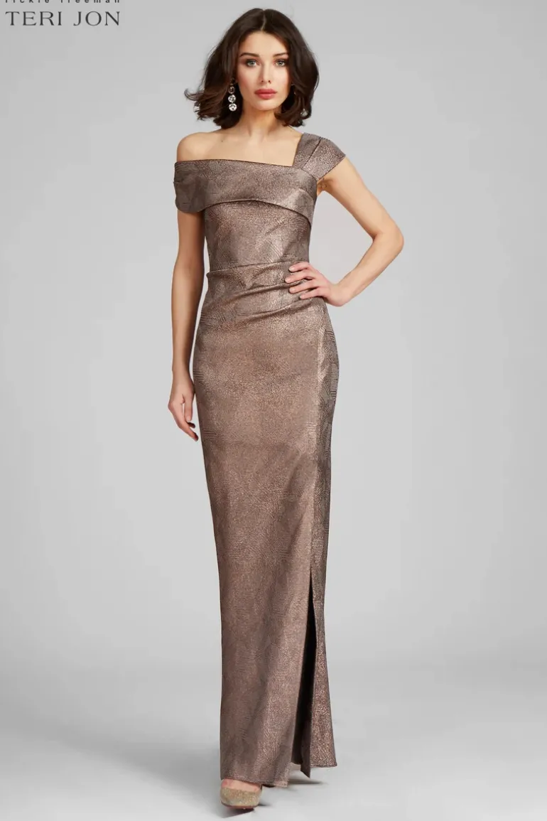 Metallic Jacquard Asymmetrical Shoulder Gown