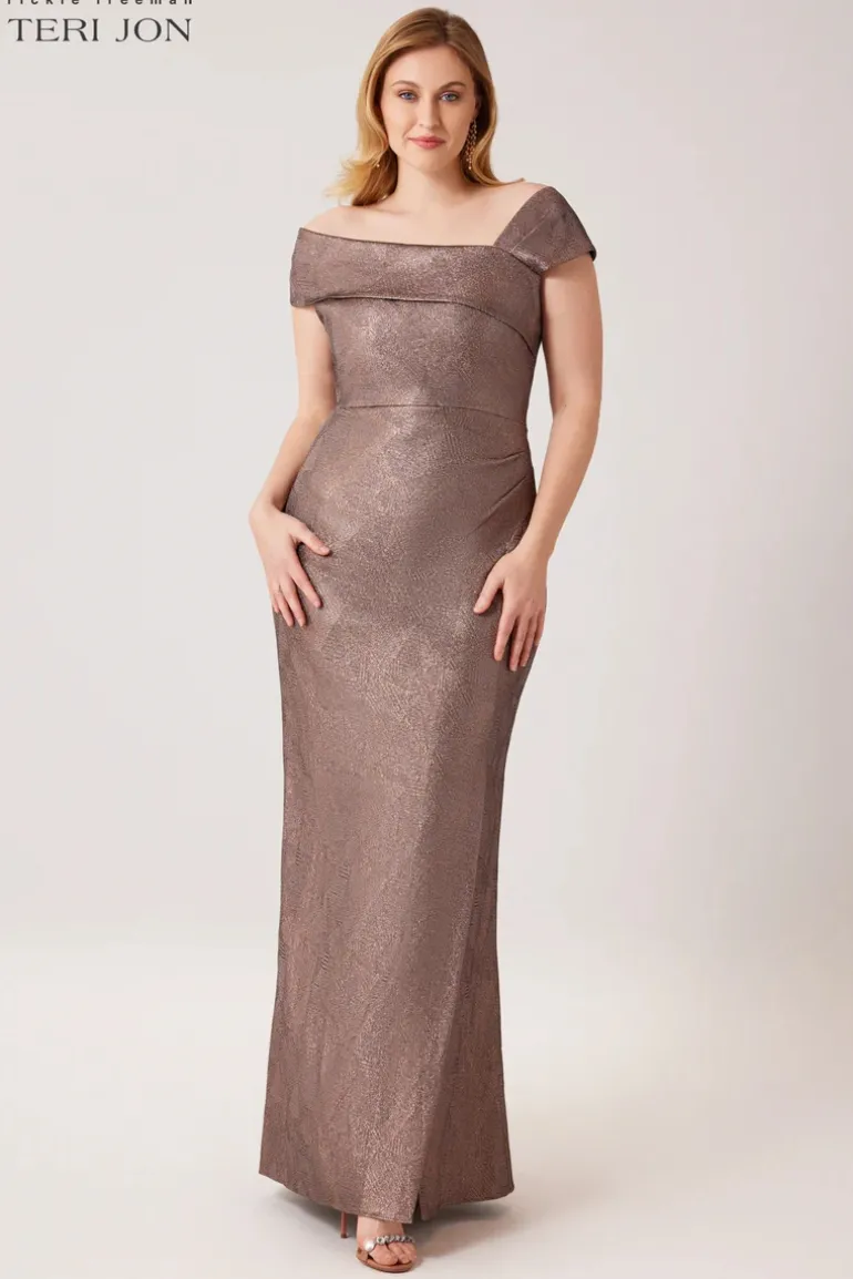 Metallic Jacquard Asymmetrical Shoulder Gown