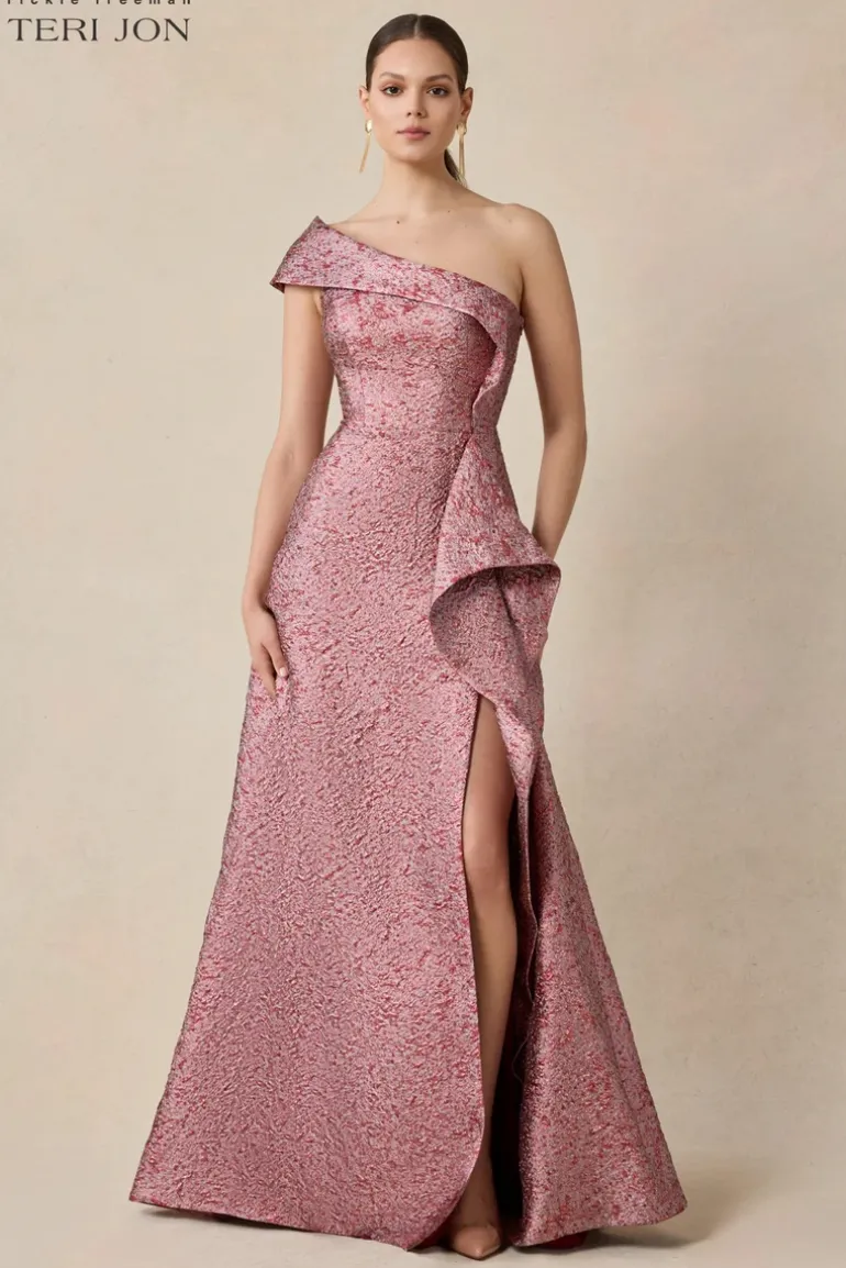 Metallic Jacquard One Shoulder Ruffle Evening Gown