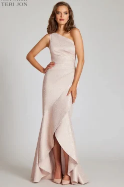 Metallic Jacquard One Shoulder Side Draped Gown