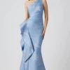 Metallic Jacquard One Shoulder Side Ruffle Gown