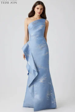 Metallic Jacquard One Shoulder Side Ruffle Gown