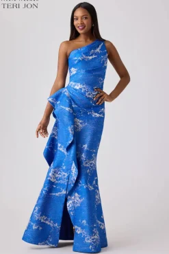 Metallic Jacquard One Shoulder Side Ruffle Gown