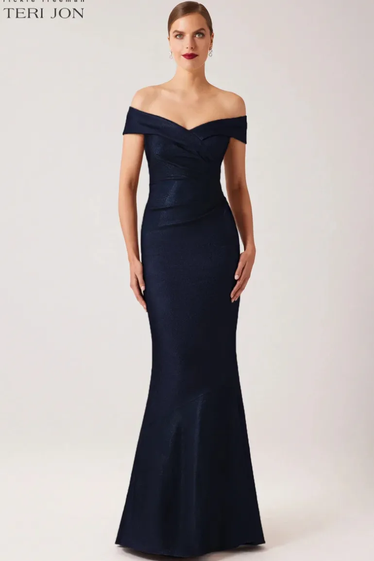 Metallic Jacquard Portrait Off Shoulder Gown
