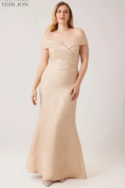 Metallic Jacquard Portrait Collar Side Drape Gown