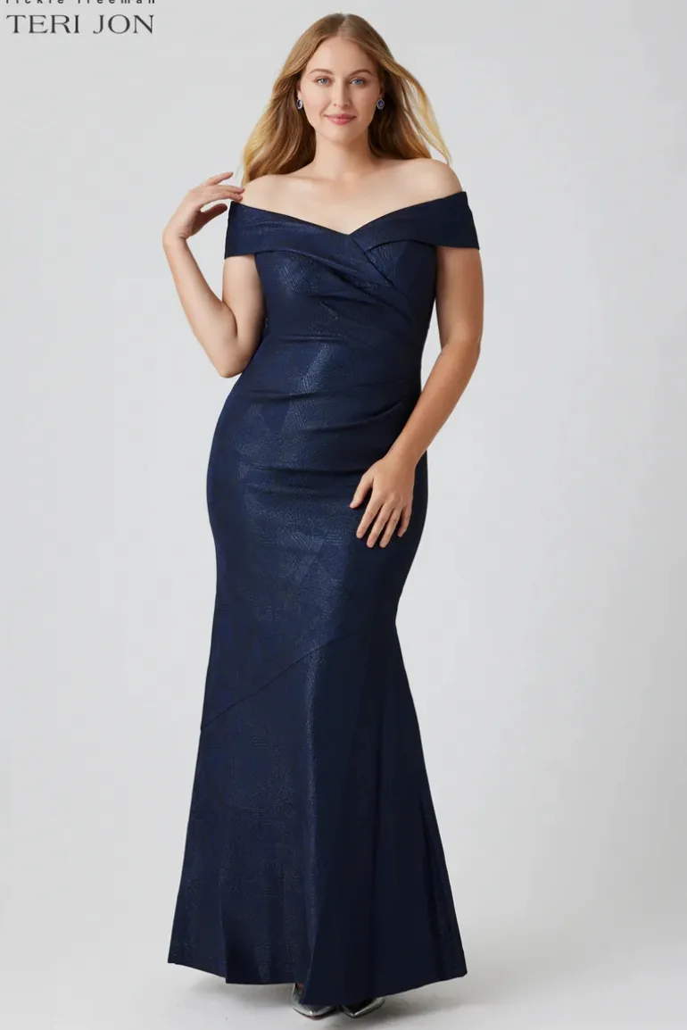 Metallic Jacquard Portrait Off Shoulder Gown