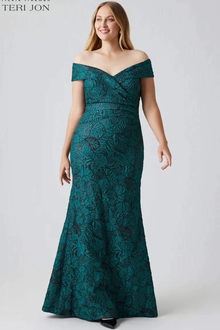 Metallic Jacquard Portrait Collar Side Drape Gown