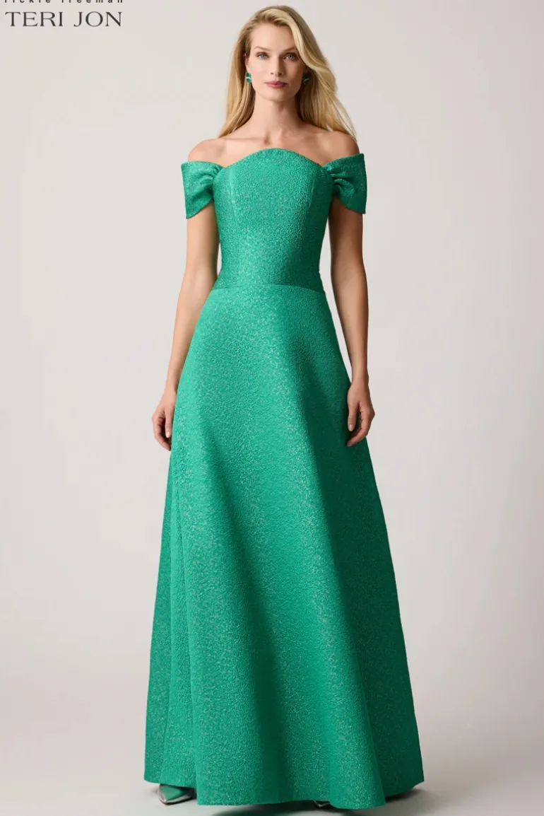 Metallic Jacquard Scalloped Neck Gown