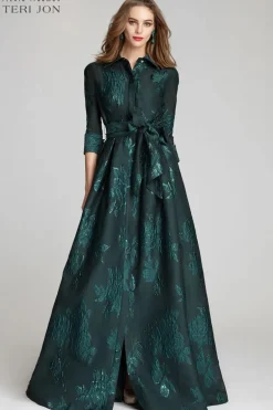 Metallic Jacquard Shirtdress Gown with Floral Print