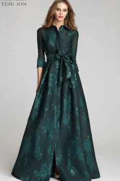 Metallic Jacquard Shirtdress Gown with Floral Print