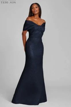 Metallic Jacquard Twist Bodice Off The Shoulder Gown