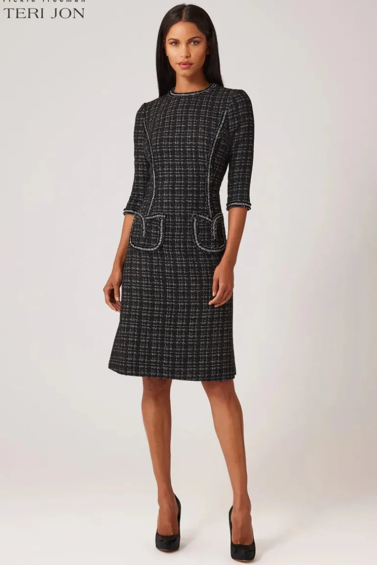 Metallic Plaid Boucle Chain Trim Dress