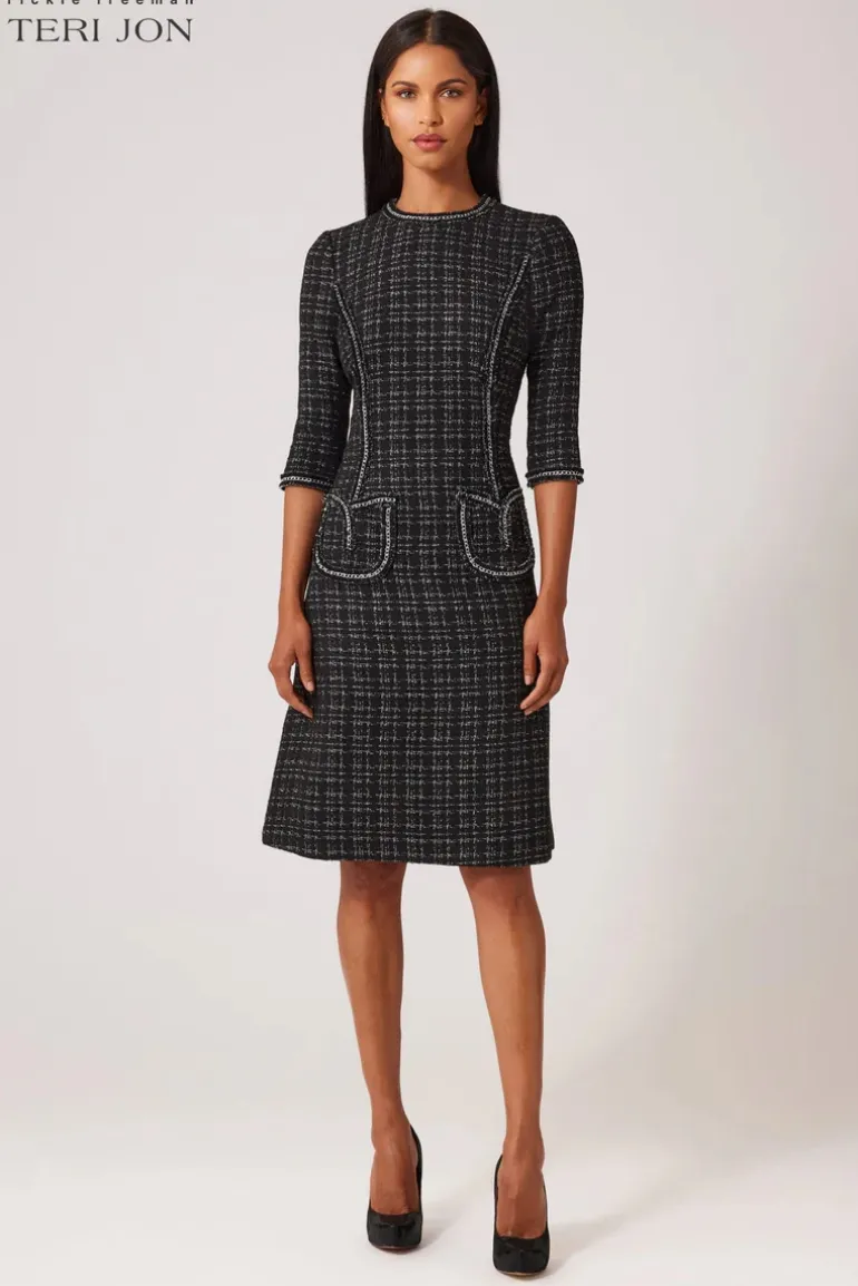 Metallic Plaid Boucle Chain Trim Dress