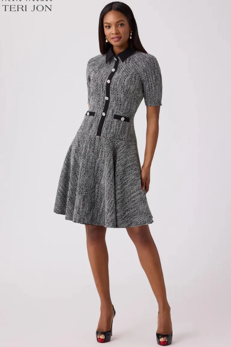 Metallic Tweed Flounce Daytime Dress