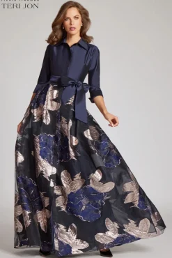 Navy Taffeta Shirtdress with Burnout Floral Print