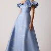 Off Shoulder Jacquard Ruffle Gown With Flower Applique