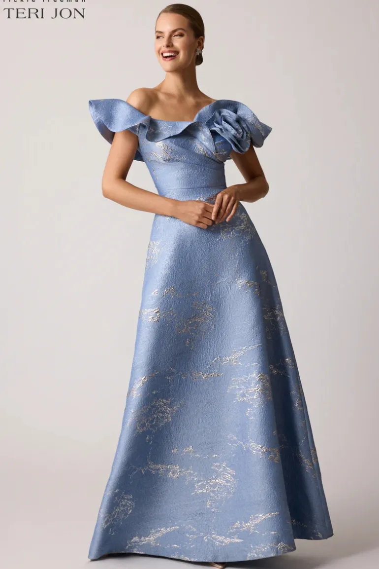 Off Shoulder Jacquard Ruffle Gown With Flower Applique