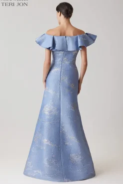 Off Shoulder Jacquard Ruffle Gown With Flower Applique