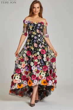 Off the Shoulder Floral Appliqued Lace High Low Dress
