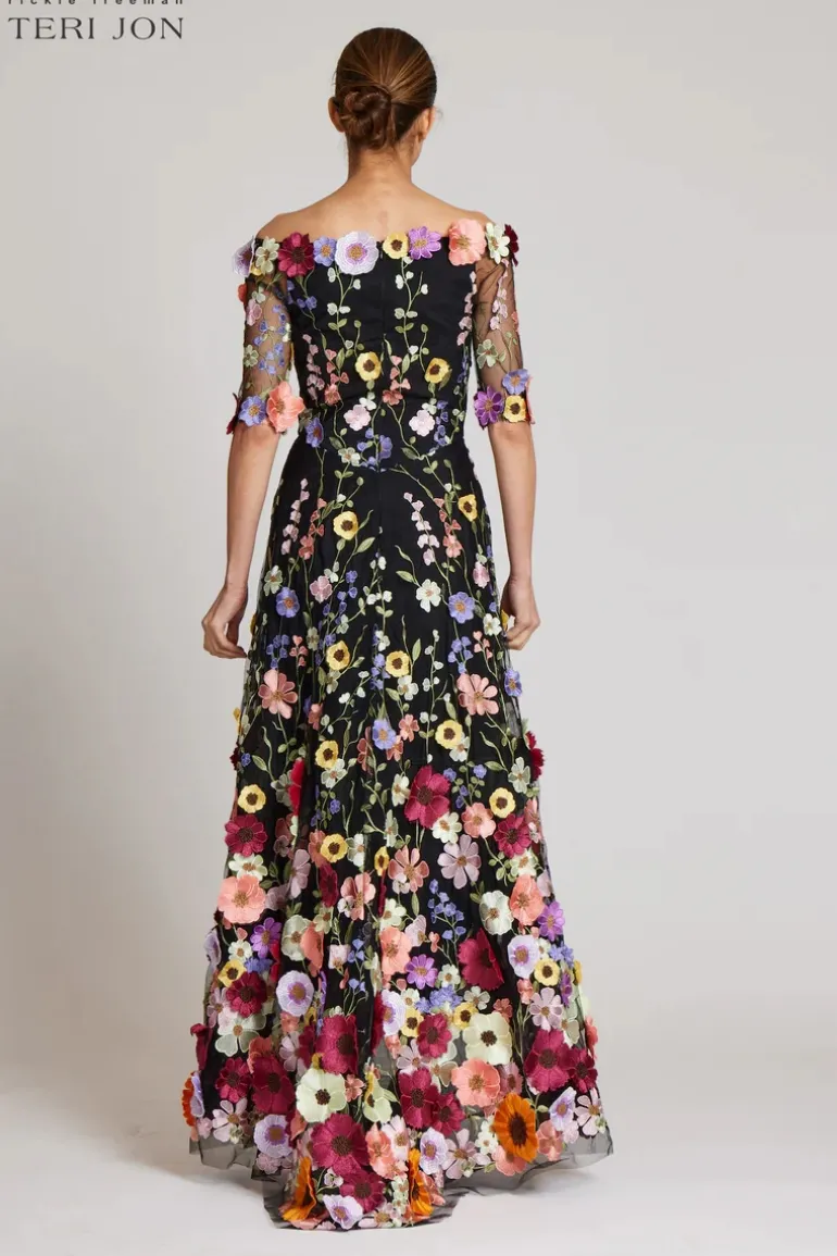 Off the Shoulder Floral Appliqued Lace High Low Dress