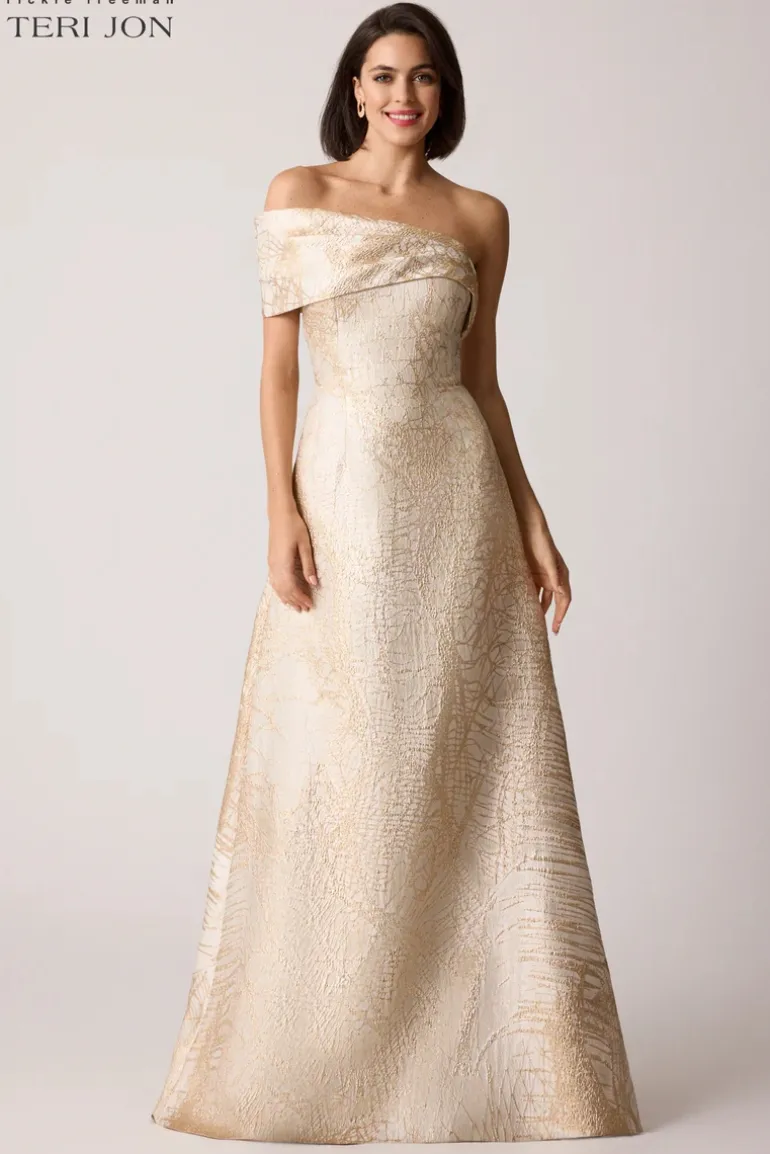 One Shoulder Cuff Jacquard Evening Gown